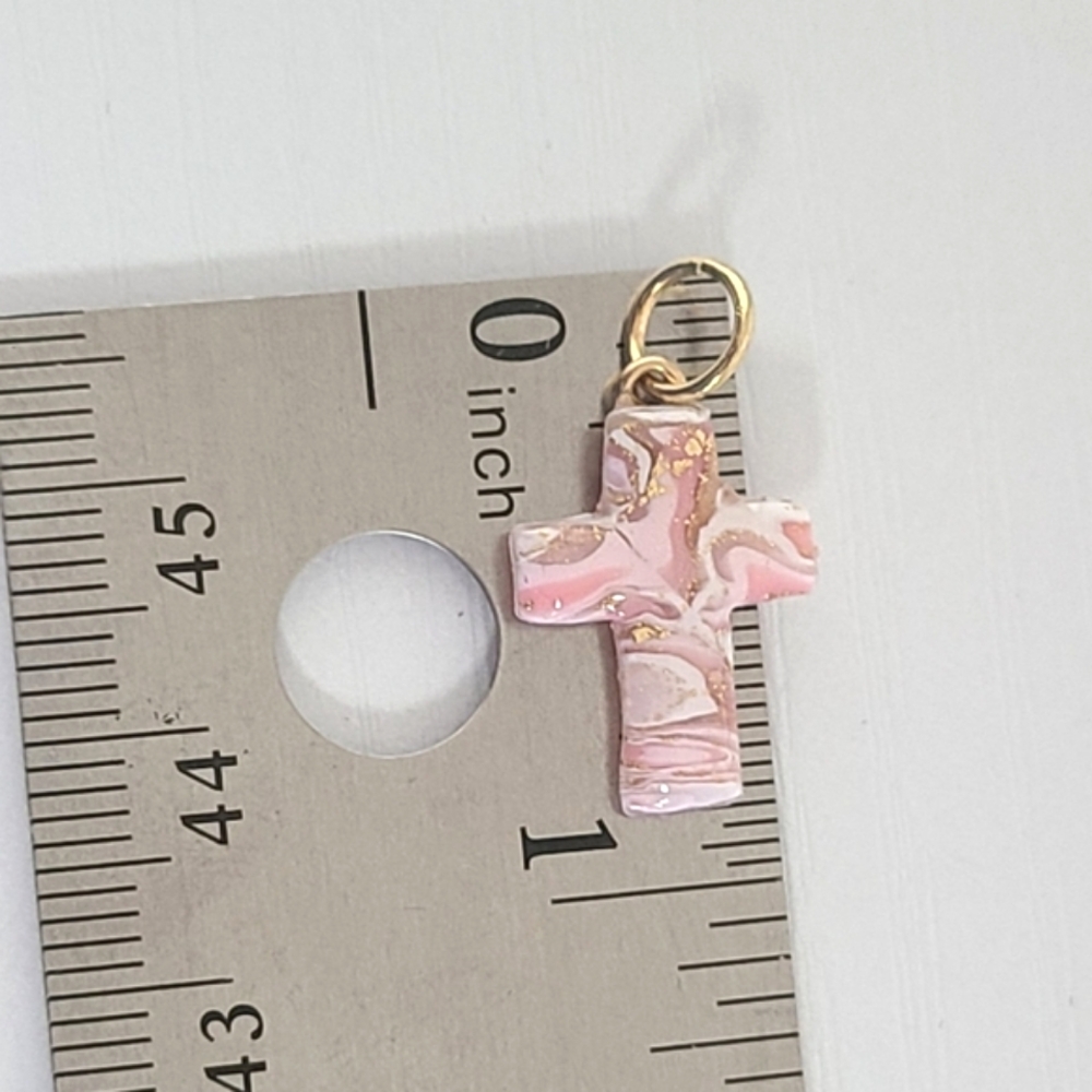 Mini Dainty Pink White Gold Agate Gemstone Resin Cross Pendant